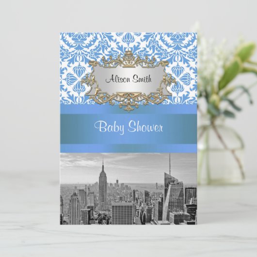NYC Skyline BW D4 Damask Baby shower nodigt V uit Kaart (Staand voorkant)