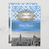NYC Skyline BW D4 Damask Baby shower nodigt V uit Kaart (Voorkant / Achterkant)