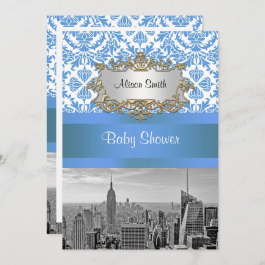 NYC Skyline BW D4 Damask Baby shower nodigt V uit Kaart (Voorkant / Achterkant)