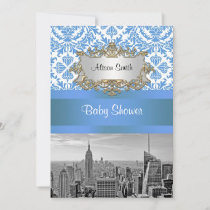 NYC Skyline BW D4 Damask Baby Shower Uitnodiging V