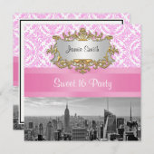 NYC Skyline BW D4P Roze Damask Sweet 16 Party Kaart (Voorkant / Achterkant)