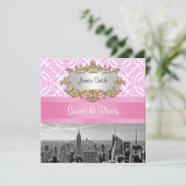 NYC Skyline BW D4P Roze Damask Sweet 16 Party Kaart (Staand voorkant)