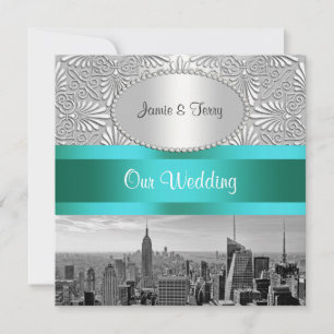 NYC Skyline BW Silver White Damask Wedding Kaart