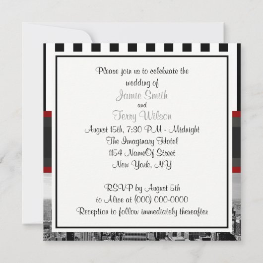 NYC Skyline BW Zwart Wit Streep P Bruiloft Uitnodi Kaart (Achterkant)