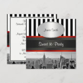 NYC Skyline BW Zwart Wit Stripe P Sweet 16 Party Kaart (Voorkant / Achterkant)