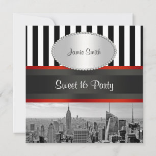 NYC Skyline BW Zwart Wit Stripe P Sweet 16 Party Kaart