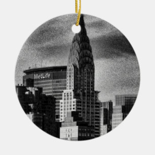 NYC Skyline: Chrysler Building, Met Life BW Keramisch Ornament