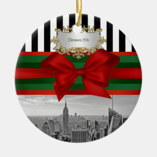 NYC Skyline Empire St Bldg Xmas Blk Whk Strp #2R Keramisch Ornament