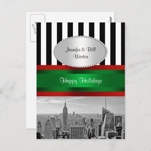 NYC Skyline ESB BW Blk Wit strp P Kerstmis Feestdagenkaart (Voorkant / Achterkant)