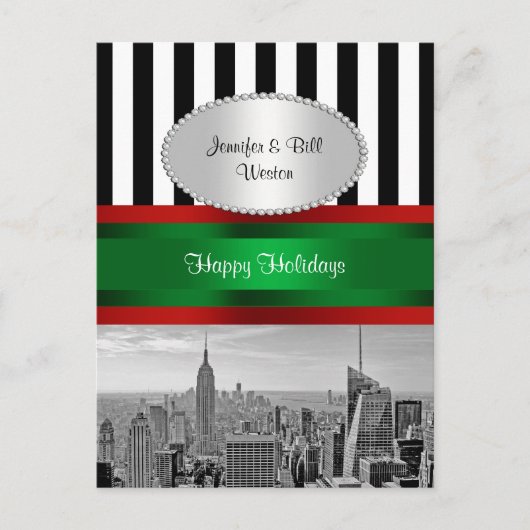 NYC Skyline ESB BW Blk Wit strp P Kerstmis Feestdagenkaart (Voorkant)