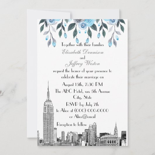 NYC Skyline ESB Etch Blue Gray Floral Wedding Kaart (Voorkant)
