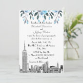 NYC Skyline ESB Etch Blue Gray Floral Wedding Kaart (Staand voorkant)