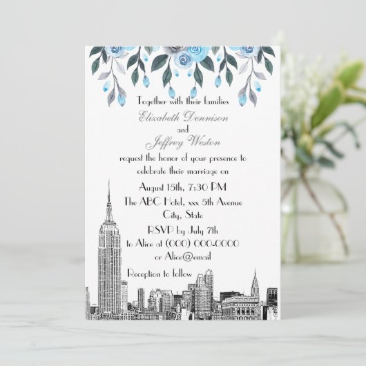 NYC Skyline ESB Etch Blue Gray Floral Wedding Kaart (Staand voorkant)