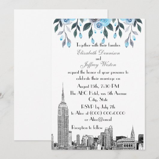 NYC Skyline ESB Etch Blue Gray Floral Wedding Kaart (Voorkant / Achterkant)