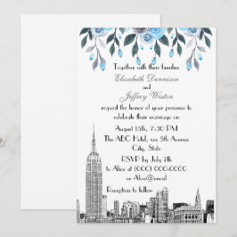 NYC Skyline ESB Etch Blue Gray Floral Wedding Kaart