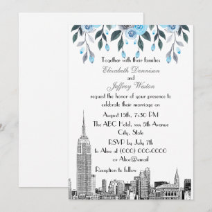 NYC Skyline ESB Etch Blue Gray Floral Wedding Kaart