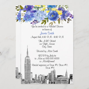 NYC Skyline ESB Etch Blue Yel Floral Vrijgezellenf Kaart