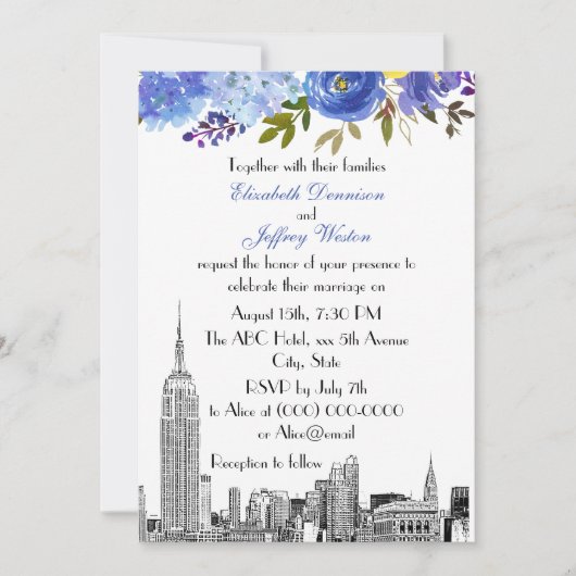 NYC Skyline ESB Etch Blue Yellow Floral Wedding Kaart (Voorkant)