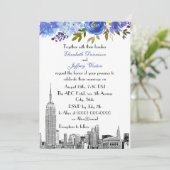 NYC Skyline ESB Etch Blue Yellow Floral Wedding Kaart (Staand voorkant)