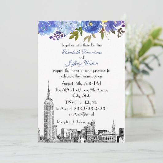 NYC Skyline ESB Etch Blue Yellow Floral Wedding Kaart (Staand voorkant)