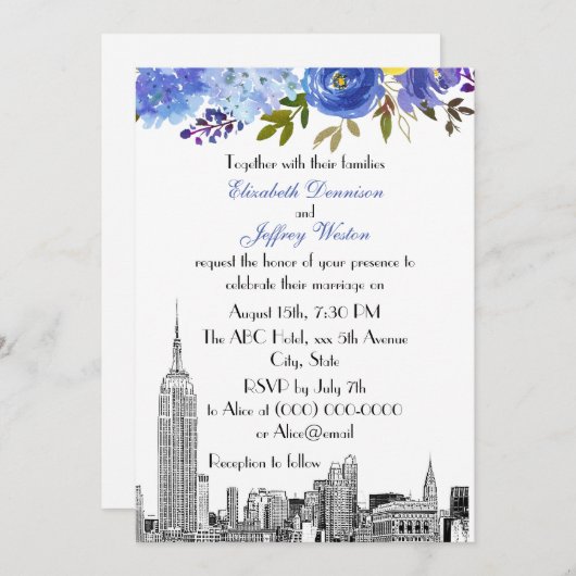 NYC Skyline ESB Etch Blue Yellow Floral Wedding Kaart (Voorkant / Achterkant)