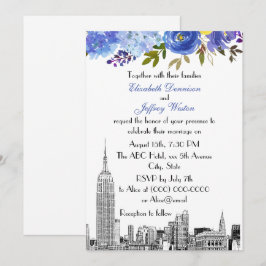 NYC Skyline ESB Etch Blue Yellow Floral Wedding Kaart