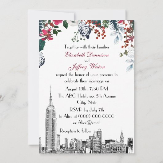 NYC Skyline ESB Etch Burg Blu Green Floral Wedding Kaart (Voorkant)