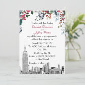 NYC Skyline ESB Etch Burg Blu Green Floral Wedding Kaart (Staand voorkant)