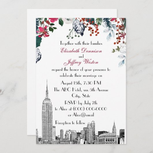 NYC Skyline ESB Etch Burg Blu Green Floral Wedding Kaart (Voorkant / Achterkant)