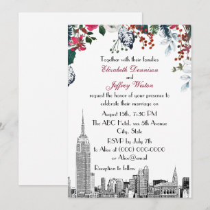 NYC Skyline ESB Etch Burg Blu Green Floral Wedding Kaart