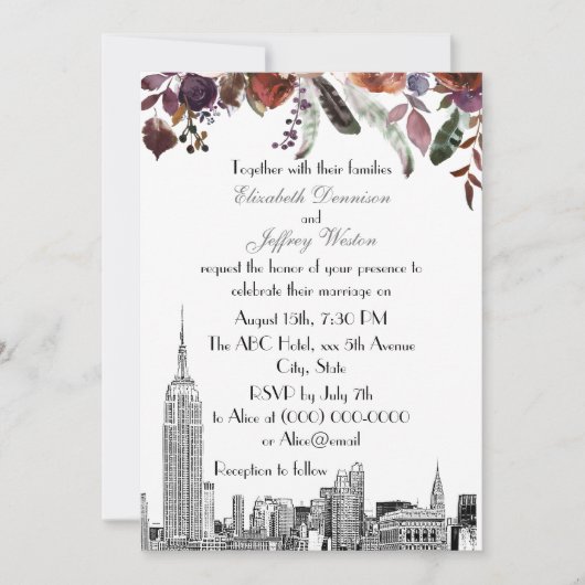 NYC Skyline ESB Etch Burgundy Plum Floral Wedding Kaart (Voorkant)