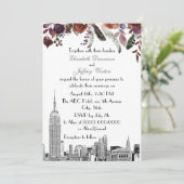 NYC Skyline ESB Etch Burgundy Plum Floral Wedding Kaart (Staand voorkant)