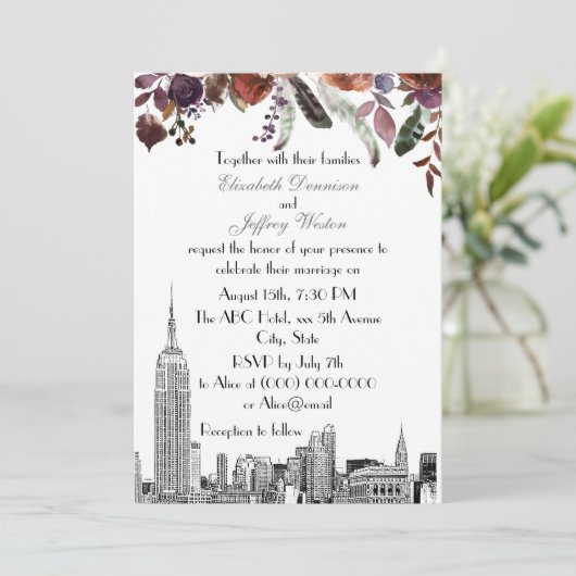 NYC Skyline ESB Etch Burgundy Plum Floral Wedding Kaart (Staand voorkant)