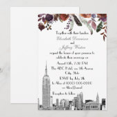 NYC Skyline ESB Etch Burgundy Plum Floral Wedding Kaart (Voorkant / Achterkant)