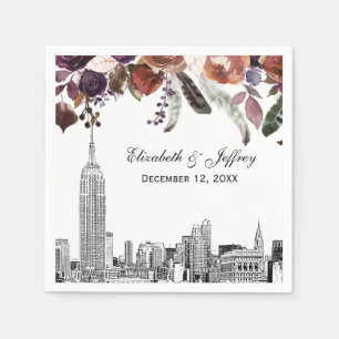 NYC Skyline ESB Etch Burgundy Plum Floral Wedding Servet