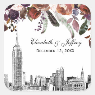 NYC Skyline ESB Etch Burgundy Plum Floral Wedding Vierkante Sticker
