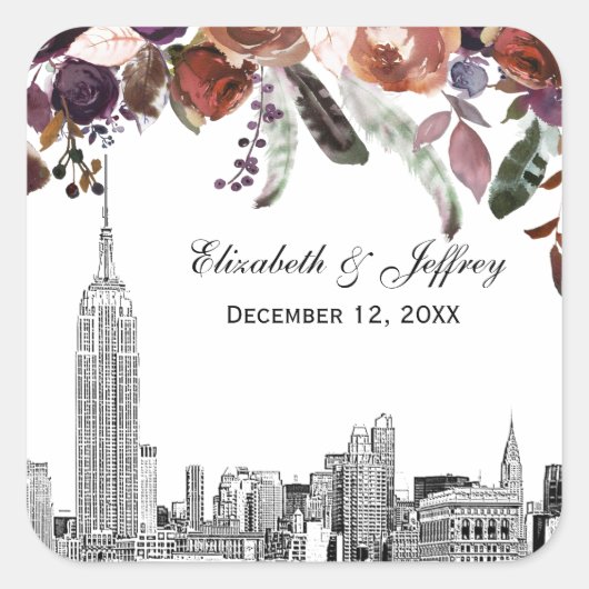 NYC Skyline ESB Etch Burgundy Plum Floral Wedding Vierkante Sticker (Voorkant)