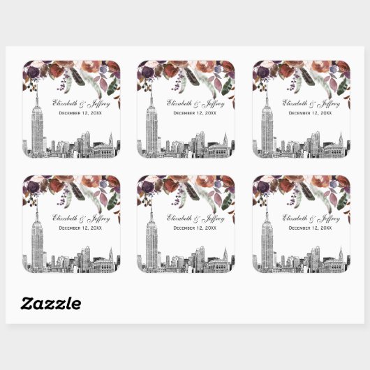 NYC Skyline ESB Etch Burgundy Plum Floral Wedding Vierkante Sticker (Vel)