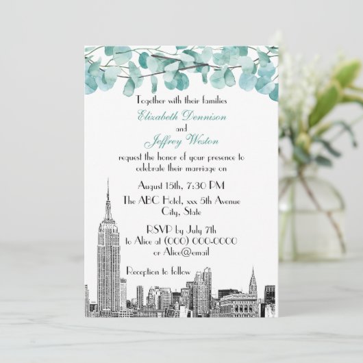 NYC Skyline ESB Etch Eucalyptus Wedding Kaart (Staand voorkant)