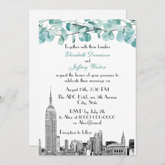 NYC Skyline ESB Etch Eucalyptus Wedding Kaart (Voorkant / Achterkant)