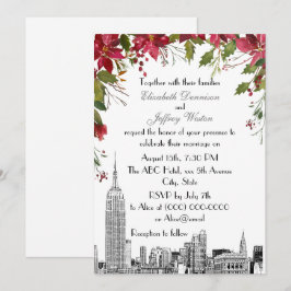 NYC Skyline ESB Etch Holly Poinsettia Wedding Kaart