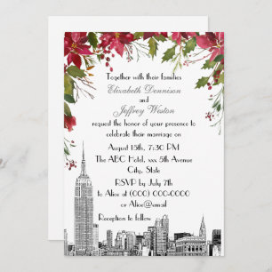 NYC Skyline ESB Etch Holly Poinsettia Wedding Kaart