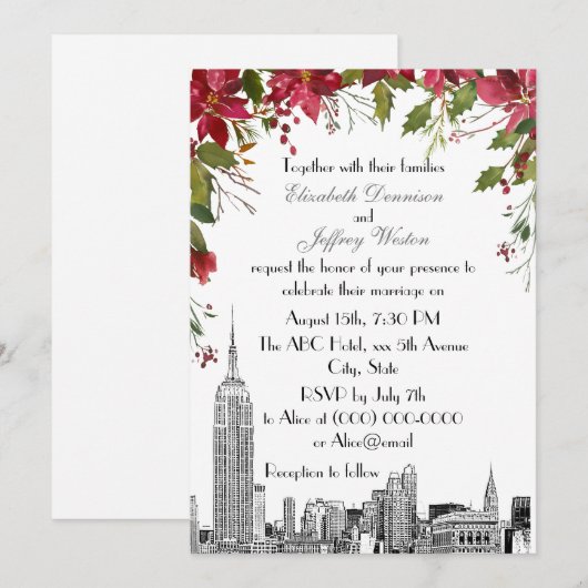 NYC Skyline ESB Etch Holly Poinsettia Wedding Kaart (Voorkant / Achterkant)
