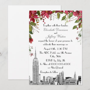NYC Skyline ESB Etch Holly Poinsettia Wedding Kaart