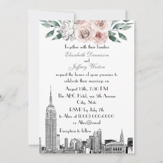 NYC Skyline ESB Etch Lt Pink Grey Floral Wedding Kaart (Voorkant)