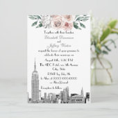 NYC Skyline ESB Etch Lt Pink Grey Floral Wedding Kaart (Staand voorkant)