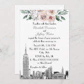 NYC Skyline ESB Etch Lt Pink Grey Floral Wedding Kaart (Voorkant / Achterkant)