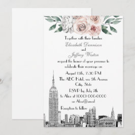 NYC Skyline ESB Etch Lt Pink Grey Floral Wedding Kaart