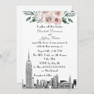 NYC Skyline ESB Etch Lt Pink Grey Floral Wedding Kaart