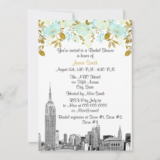 NYC Skyline ESB Etch Mint Gld Floral Vrijgezellenf Kaart (Voorkant)